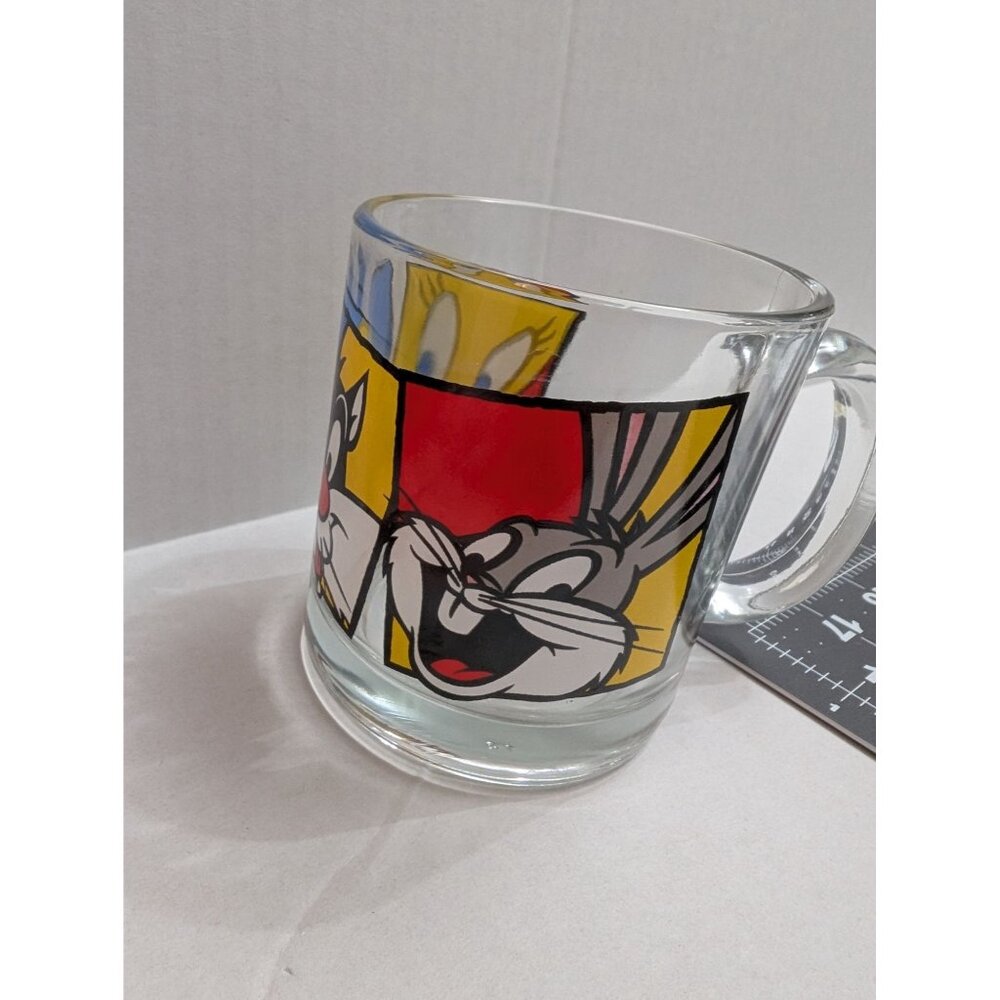 Looney Tunes clear glass Mug Tweety Bugs Sylvester Made in the USA 13 marked vtg